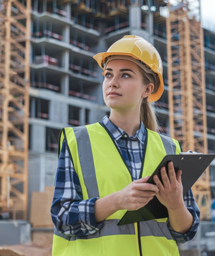 Mujer con casco amarillo y chaleco reflectante sosteniendo una carpeta, frente a un edificio en construcción